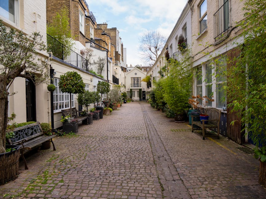 A narrow, cobblestone courtyard flanked by white residential buildings featuring large windows with black railings and flower boxes. Potted plants, including small trees and shrubs, line both sides of