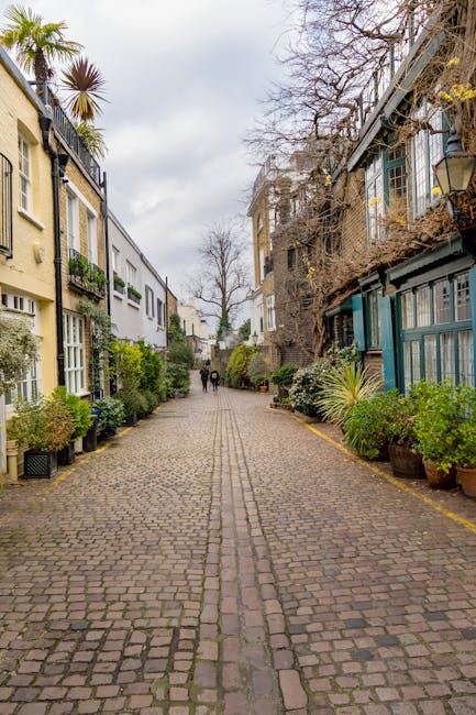 A narrow cobblestone street lined with small, uniform white and beige terraced houses that feature pitched slate roofs and small front gardens filled with potted plants and shrubs. The street is locat